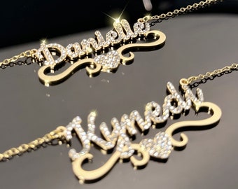 Personalized Diamond Script Name Necklace: Custom Bling Name Plate