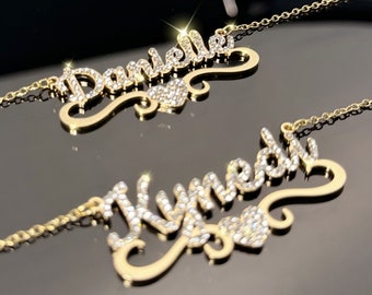 Script Diamond Name Necklace, Personalized Name Necklace, Bling Name Necklace, Custom Nameplate Necklace, Women Name Necklace, Gift for Her