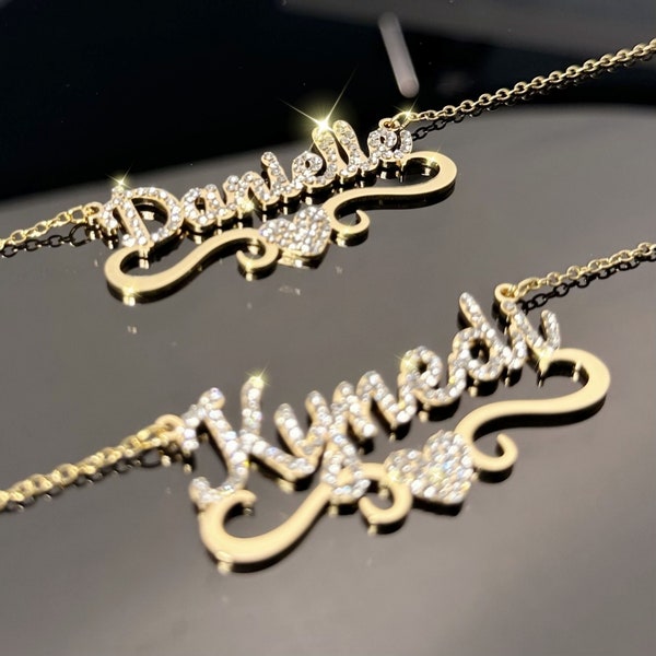 Script Diamond Name Necklace, Personalized Name Necklace, Bling Name Necklace, Custom Nameplate Necklace, Women Name Necklace, Gift for Her
