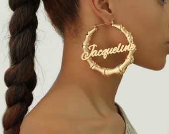 Custom Name Bamboo Earrings, Nameplate Hoop, Bamboo Hoops Gold, Name Earrings, Personalized Bamboo Earring, Statement Earrings, Gift for Her