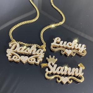 Custom Diamond Name Plate Necklace: Personalized Bling Double Layer Jewelry