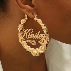 XO Name Earrings Hoop with Crown, Custom Name Earrings, Handmade Name Earrings, Handwritten Name,Gold Hoops, Personalized Christmas Gifts