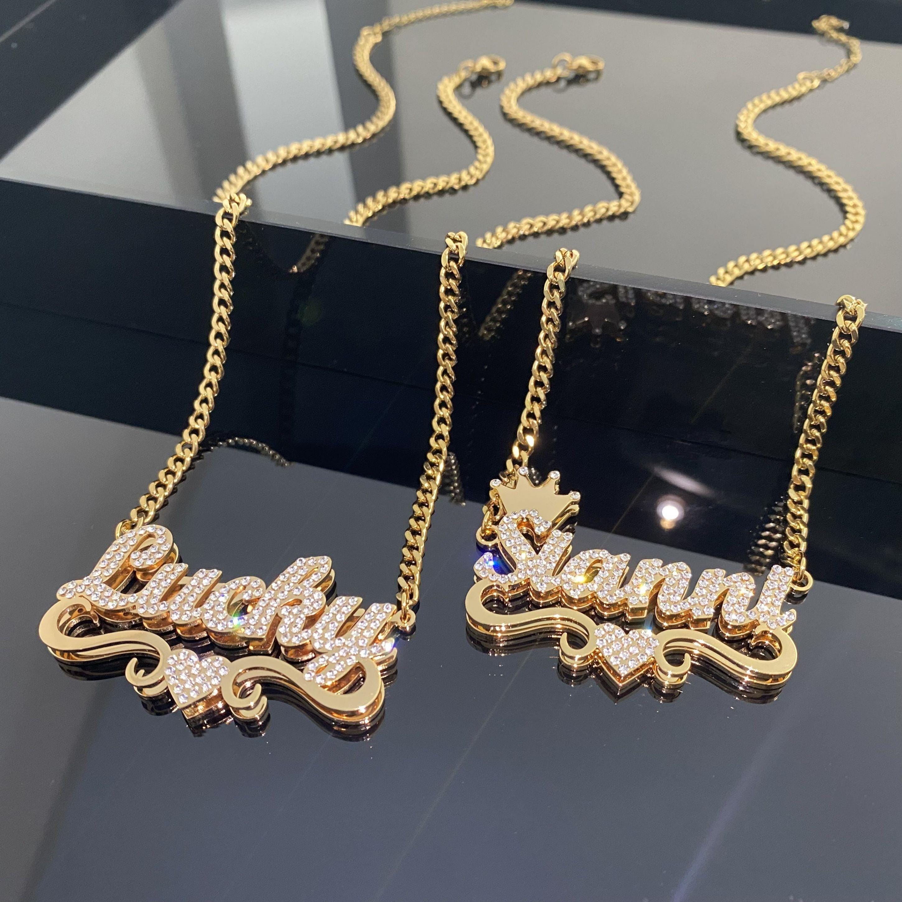 Diamond Name Necklace: Double Nameplate, 18K Gold Personalized Jewelry ...