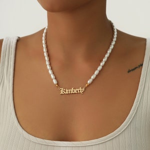 Pearl Chain Name Necklace | Personalized Chain Nameplate Pendant | Gold Silver Rose Gold | Gift For Her | Handwriting Cursive 18K Gold Names