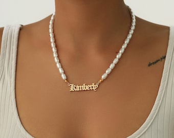 Pearl Chain Name Necklace: Personalized Cursive 18K Gold Pendant