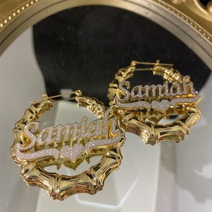Custom Name Bamboo Earrings | Bling Bamboo Earrings | Personalized Name Earrings | Gold Name Earrings | Custom Bamboo Hoops | Nameplate Gift