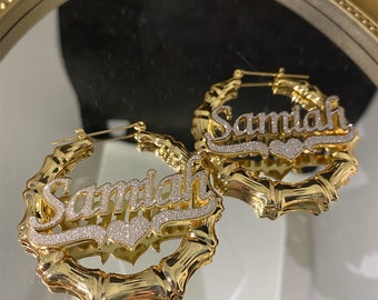 Benutzerdefinierte Name Bambus Ohrringe | Bling Bambus Ohrringe | Personalisierte Name Ohrringe | Gold Name Ohrringe | Benutzerdefinierte Bambusohrringe | Namensschild Geschenk