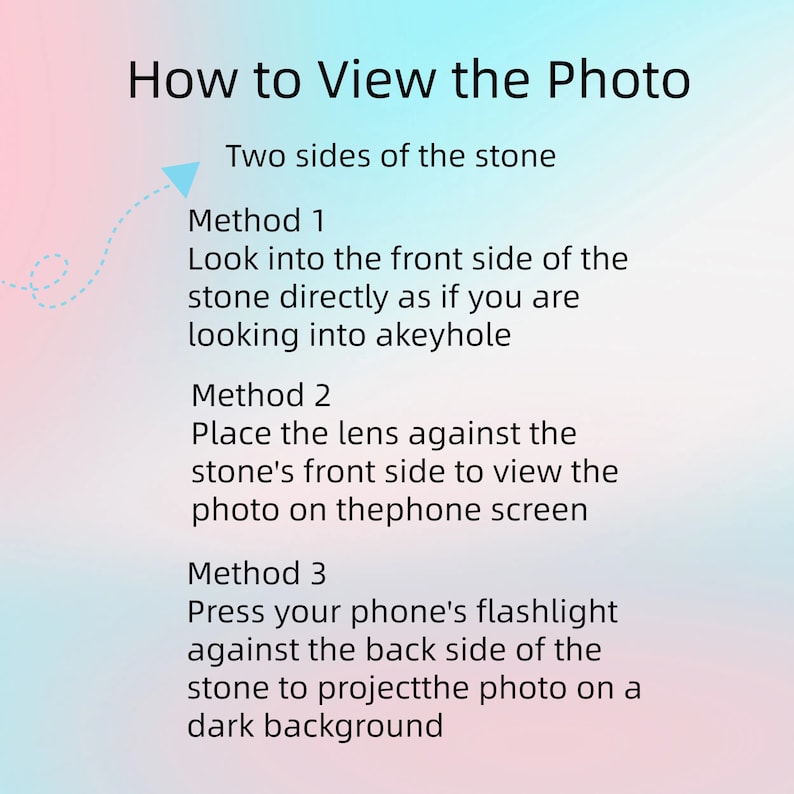May include: A diagram showing three methods to view a photo hidden inside a stone. The methods include looking through the stone like a keyhole, placing a phone lens against the stone, and shining a flashlight through the stone.