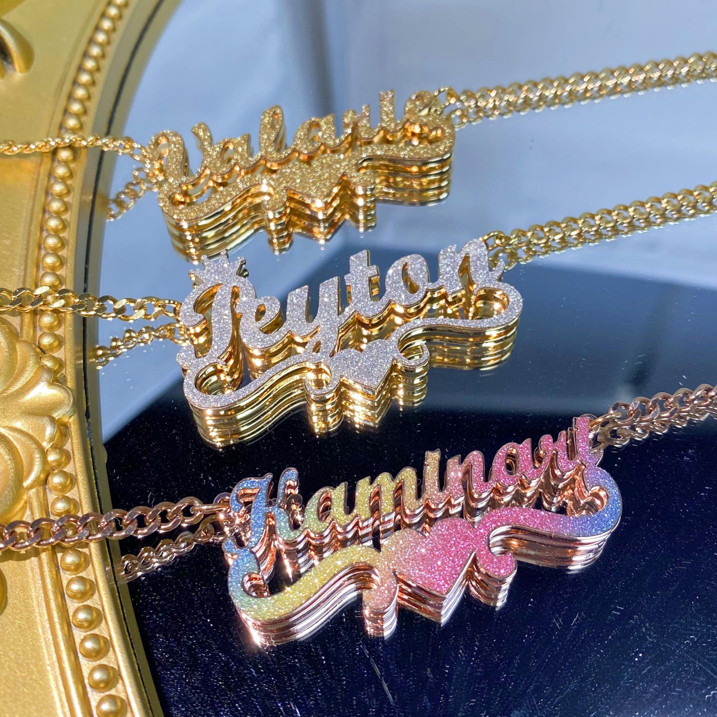 Custom Nameplate Necklace, Personalized Necklace,Name Necklace,Bling Name Necklace,Double Name Necklace,Kids Women Name Jewelry,Gift for Her