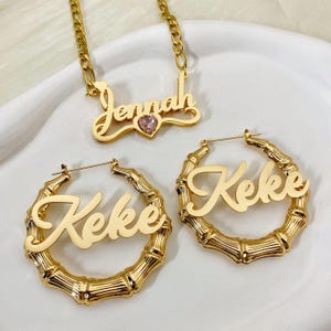 Birthstone Nameplate Necklace Set, Cusom Name Jewelry Set, Double Name Plate Necklace, Name Earrings Gold, Bamboo Earrings, Birthday Gift