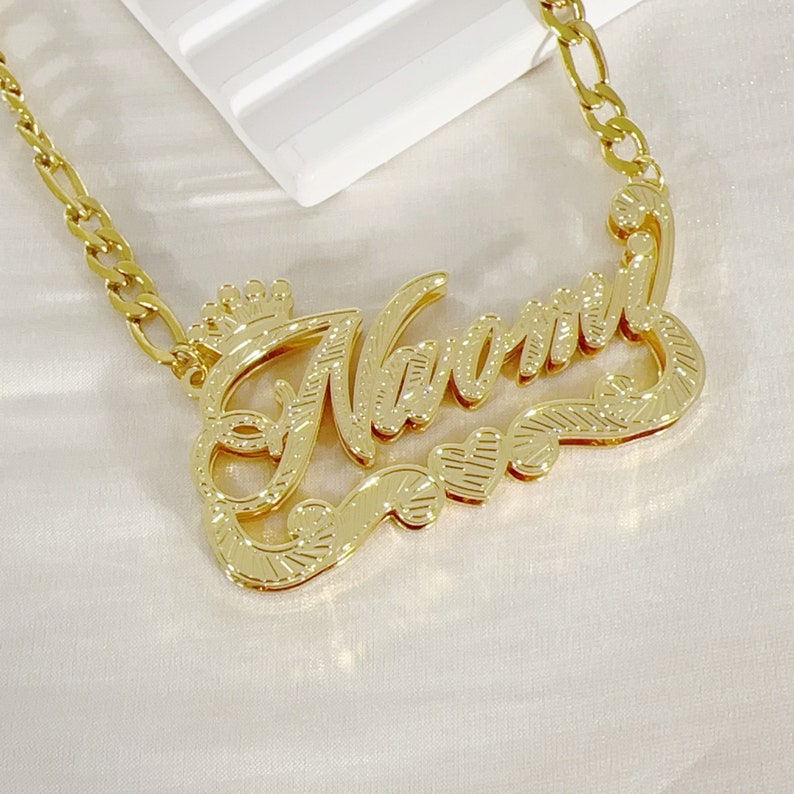 Custom Name Necklace With Crown, Double Plate Two Tone Heart Necklace, Dainty Necklace, Personalized Jewelry, 18K Gold Filled,Christmas Gift image 1