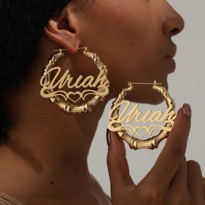 Personalized Name Earrings, Custom Name Bamboo Earrings, Heart Name Hoops, Bamboo Earrings, Name Earrings, Large Earrings, Christmas Gift