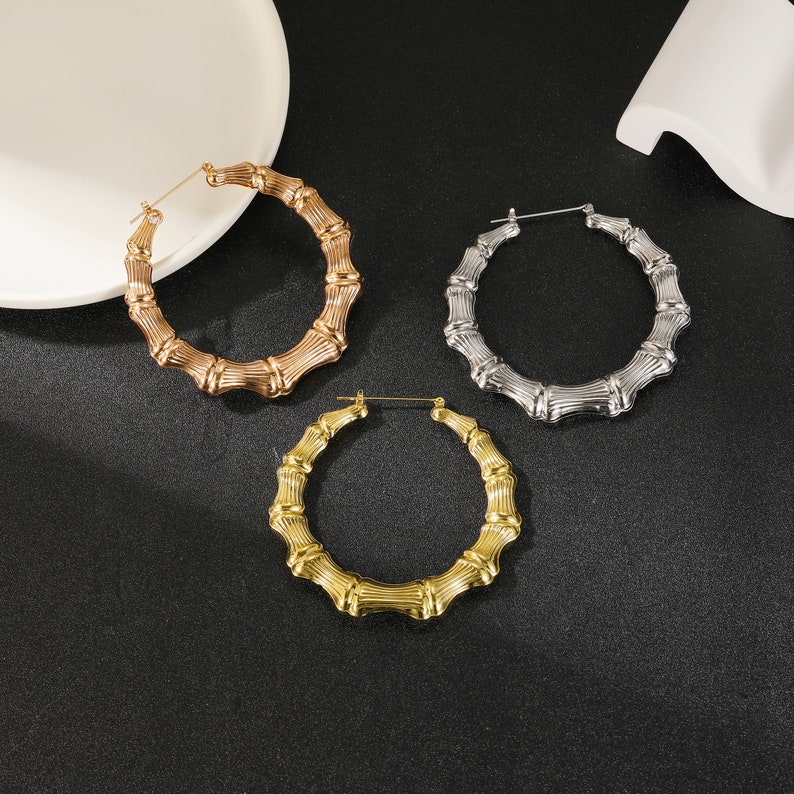 Custom Size Bamboo Hoop Earrings Chunky Hoop earrings 20-100mm Hypoallergenic Hoops for Women Simple Everyday Earrings in PAIRS image 6