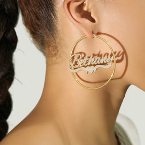 Custom Name Hoop Earrings, Bling Name Earrings, Personalized Name Earrings, Name Earrings Gold, Custom Name Hoops, Customized Gift for Her