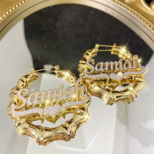 Custom Name Bamboo Hoop Earrings: Personalized Gold Plated Earrings