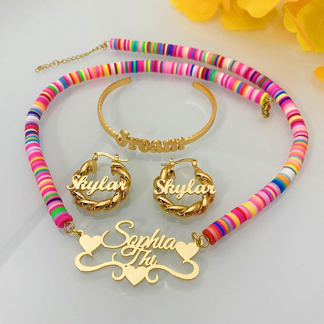 Custom Kids Name Jewelry Set Personalized Gold Bangle Hoop Earrings Custom Kids Name Jewelry Set Personalized Gold Bangle Hoop Earrings