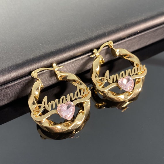 Bling Birthstone Earrings, Custom Kids Name Earrings, Twist Hoop