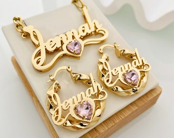 Gold Nameplate Jewelry Set: Personalized Birthstone Name Earrings Necklace, Custom Jewelry Gift