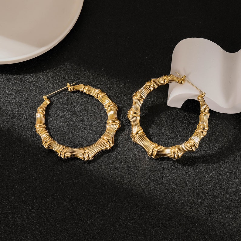 Custom Size Bamboo Hoop Earrings Chunky Hoop earrings 20-100mm Hypoallergenic Hoops for Women Simple Everyday Earrings in PAIRS image 2