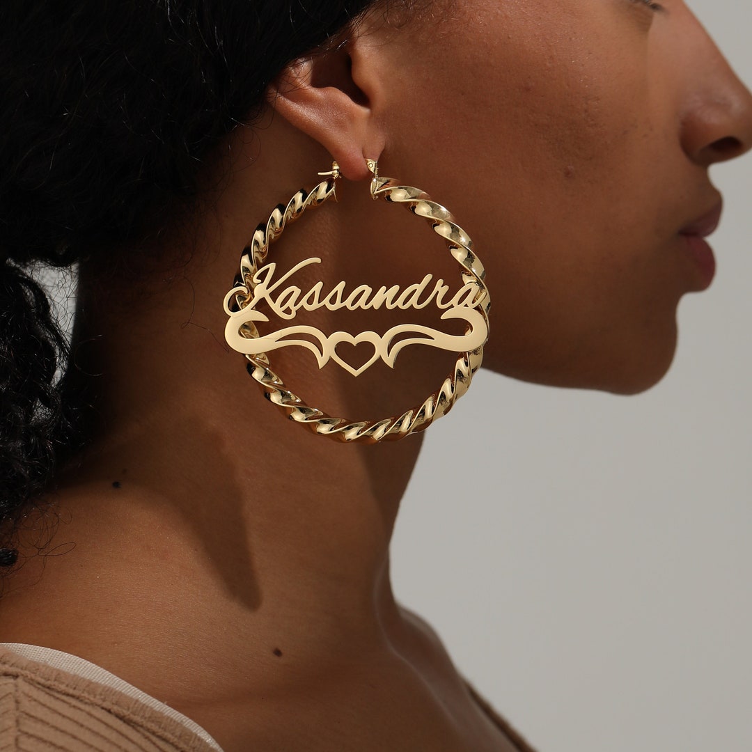 Custom Name Earrings Hoop, Twist Earrings Gold, Nameplate Earrings