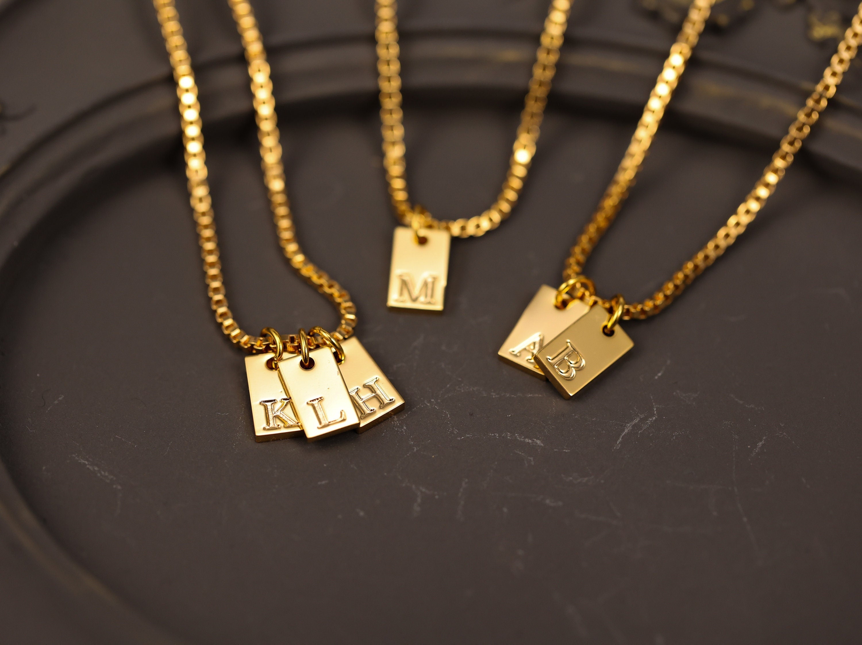 Dainty Initial Tag Necklace: Personalized Gold Bar, Box Chain