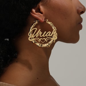 Custom Bamboo Earrings | Bamboo Name Earrings with Heart | Personalized Earring | Bamboo Hoop Earrings | Gold Name Earrings | Gift for Her
