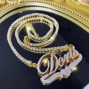 Custom Nameplate Necklace, Bling Nameplate Necklace, Diamond Chain Necklace, Double Name Necklace, Personalized Women Jewelry, Gift for Her
