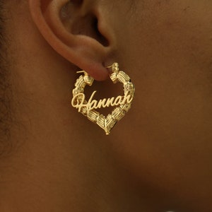 Personalized Bamboo Earrings, Custom Name Earrings, Name Bamboo Earring, Heart Name Bamboo Hoop Earring, Nameplate Jewelry, Earrings For Her
