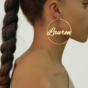 Custom Hoop Name Earrings | Personalized Name Earrings | Custom Name Earrings | Gold Hoop Earrings | Big Nameplate Hoops | Gift for Mom