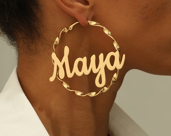 Custom Gold Earrings, Name Earrings Hoop, Personalized Twist Hoop, Chunky Hoop, Custom Name Earrings, Handmade Earring, Custom Jewelry Gift