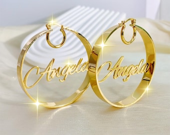 Custom Name Hoop Earrings: Stainless Steel Personalized Bamboo Style