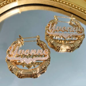 Custom Name Bamboo Hoop Earrings: Personalized Gold Bling Earrings