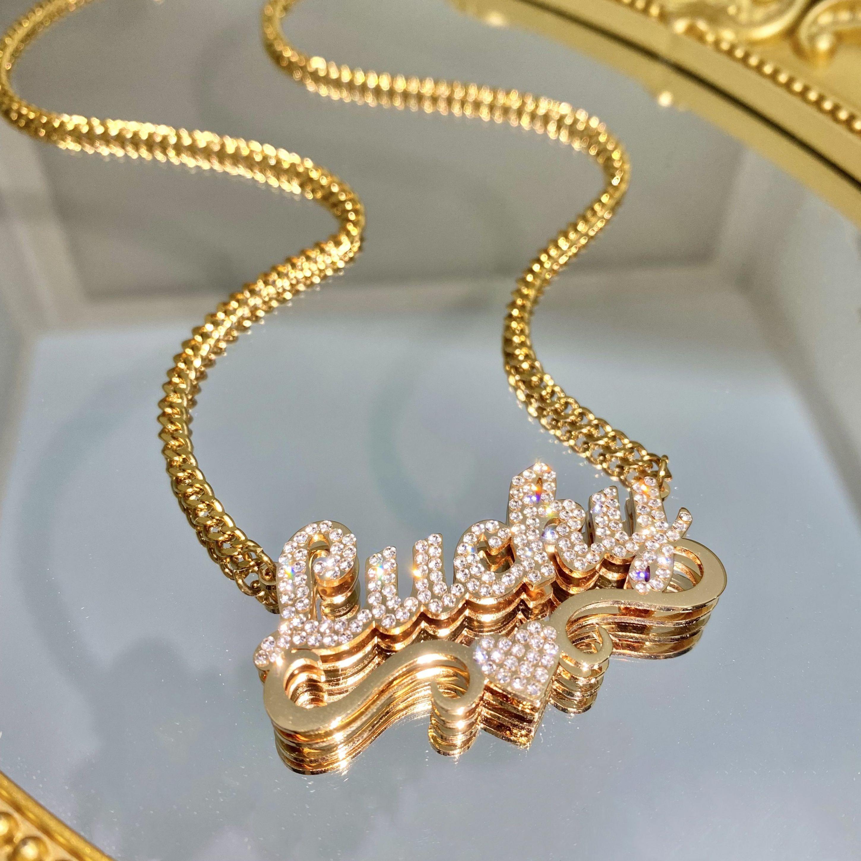 Custom Diamond Name Necklace, Heart Nameplate, Personalized Bling Gift ...
