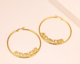 Customized Name Earrings, Personalized Name Hoop Earrings in Gold / Rose Gold / Silver, Large Big Hoops, Nameplate Jewelry, Birthday Gift