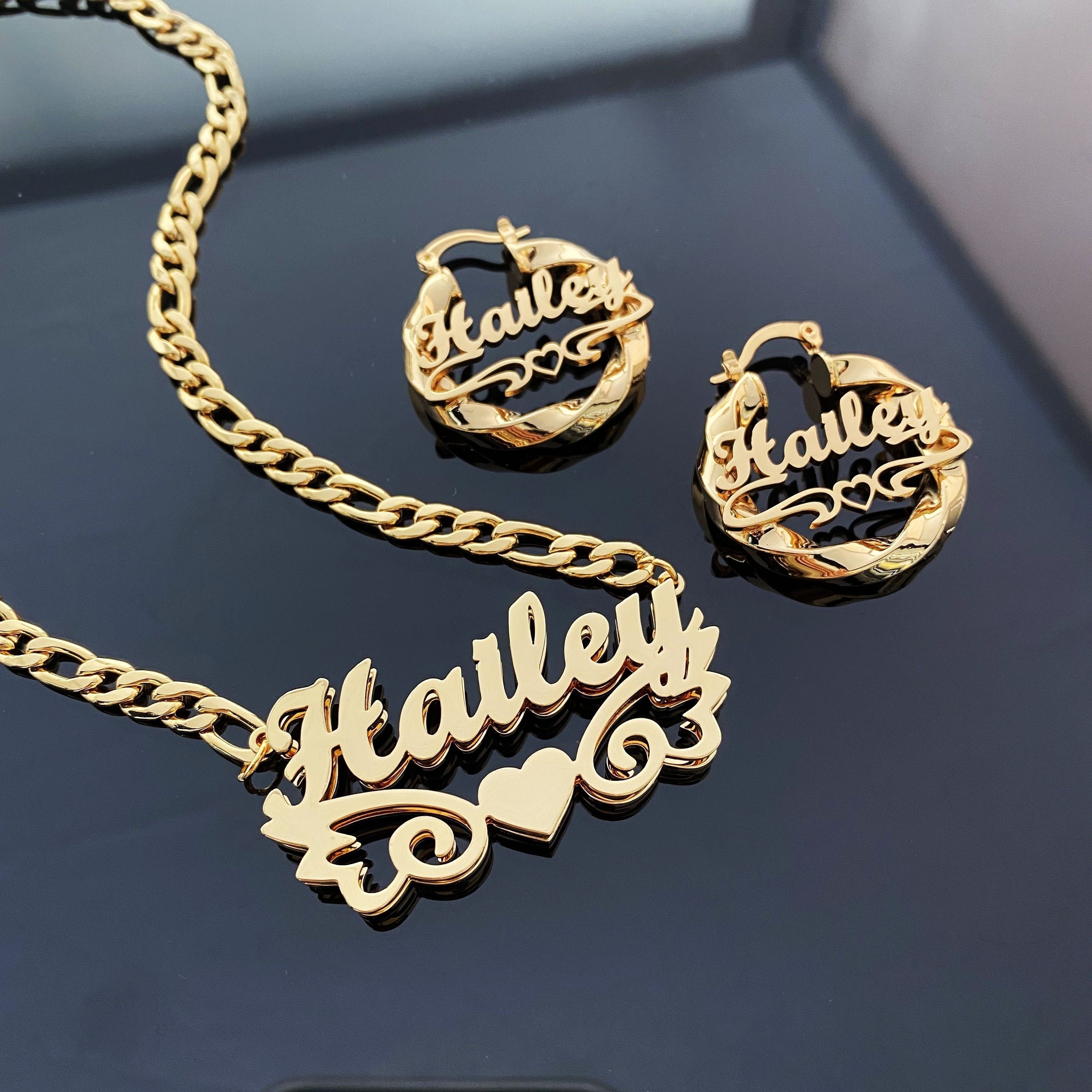 Custom Name Earrings Necklace Set, Nameplate Necklace, Personalized Necklace Set, Twist Hoop Earrings, Gold Name Earrings, Personalized Gift