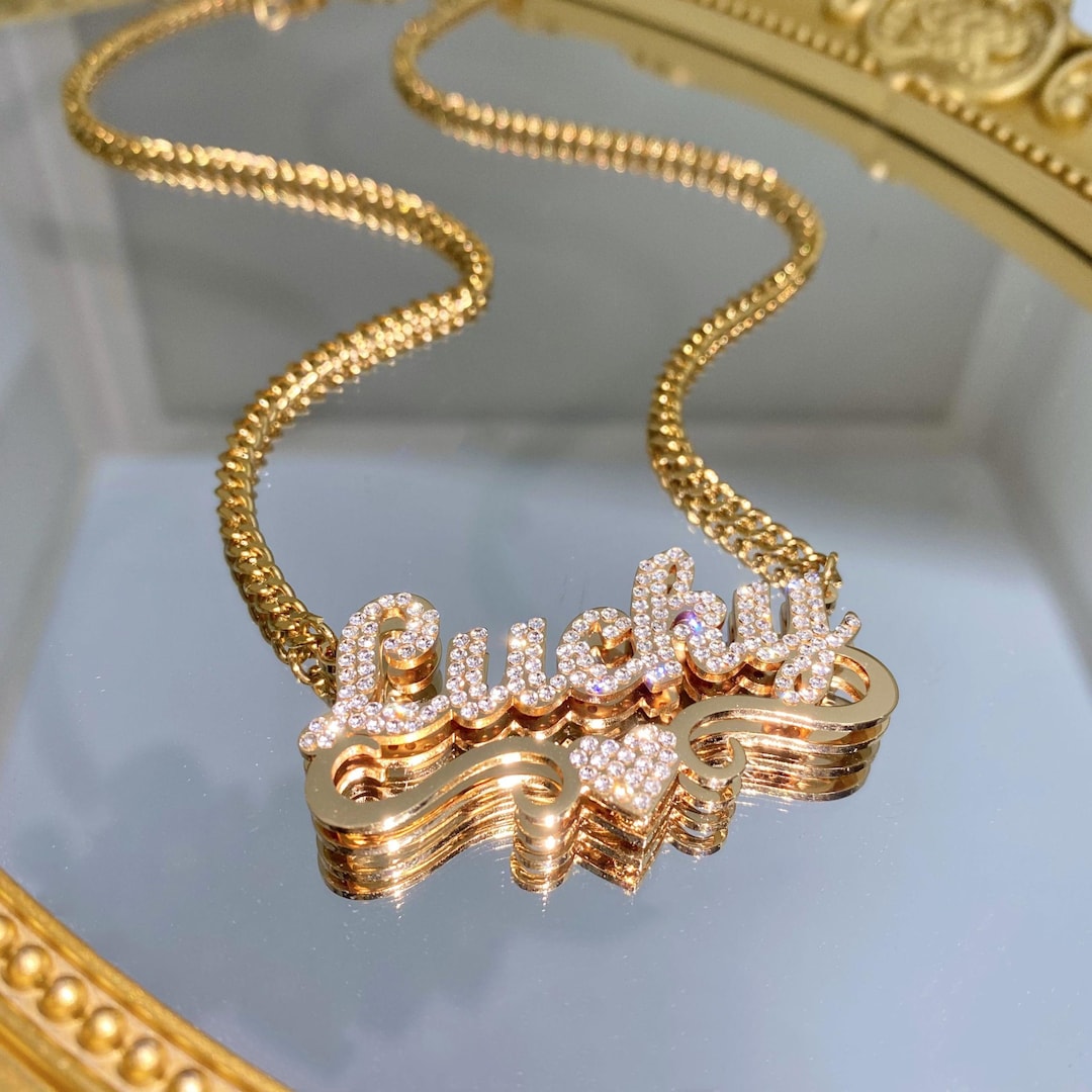 Custom Diamond Name Necklace, Heart Nameplate, Personalized Bling Gift ...