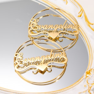 Inspired Name Hoop Earrings, Minimalist Earrings With Heart, Custom Hoop Name Earrings, Big Earrings, Personalized Birthday Gift For Her