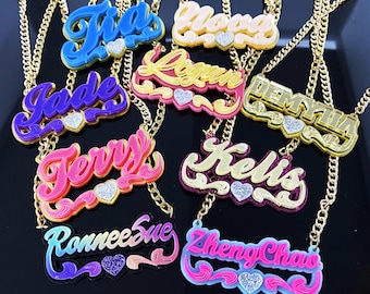Gepersonaliseerde acrylnaamketting: kleurrijk gepersonaliseerd naamplaatje, gouden ketting