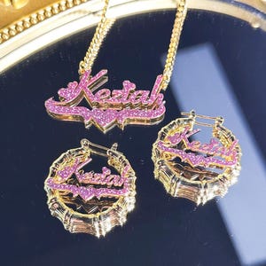 Bling Name Earrings Necklace,Custom Baby Name Bamboo Earrings Necklace, Nameplate Necklace,Gold Name Hoops,Personalized Gift for Kids Women