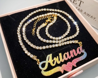 18K Gold Plated Double Name Necklace, Diamond Chain, Personalized Jewelry