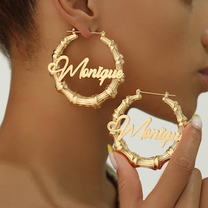 Name Bamboo Earrings | Custom Name Earrings | Personalized Earring | Bamboo Hoop Earrings | Bamboo Name Earrings | Large Hoop Earrings Gifts