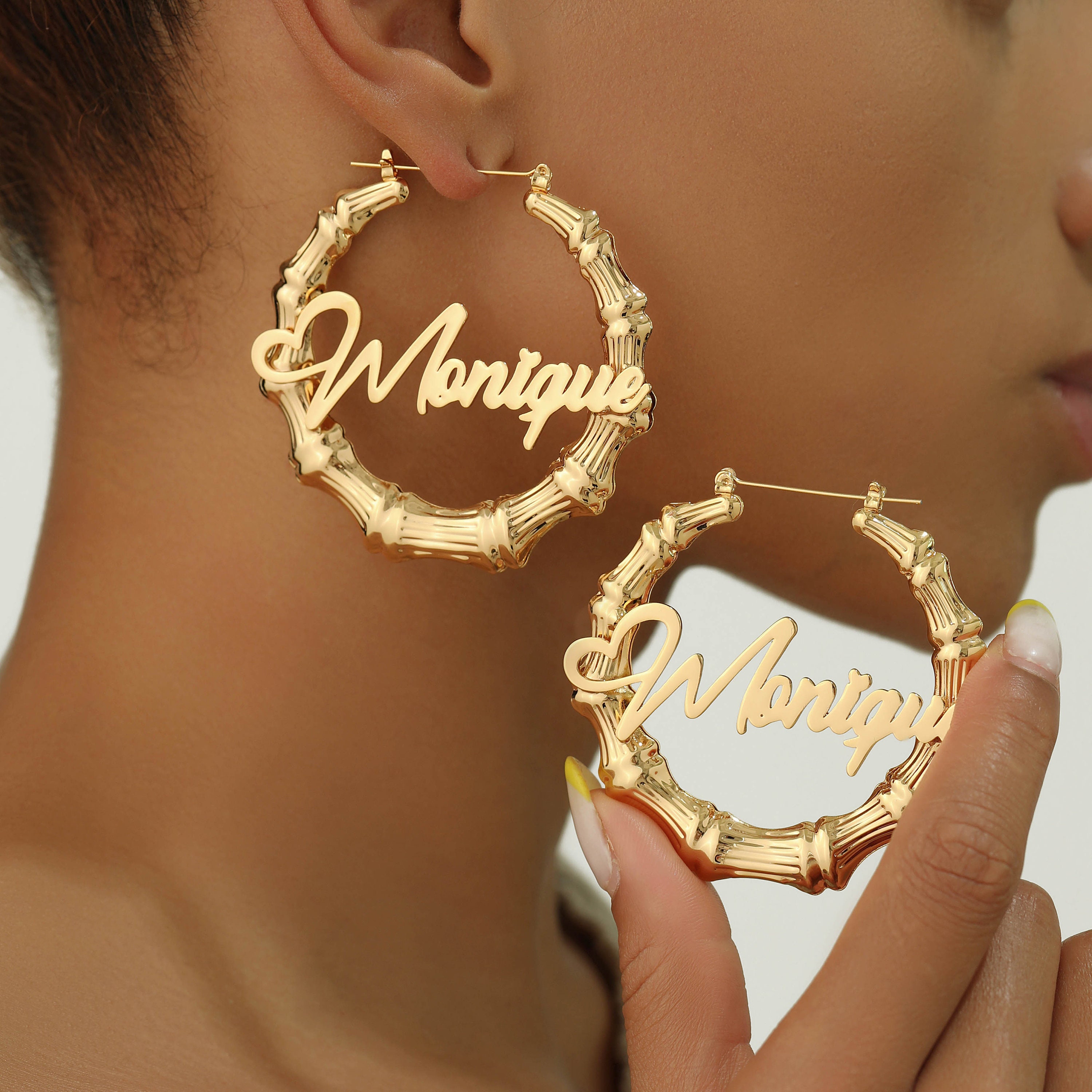 Custom Name Bamboo Hoop Earrings: 18k Gold Personalized Jewelry - Etsy