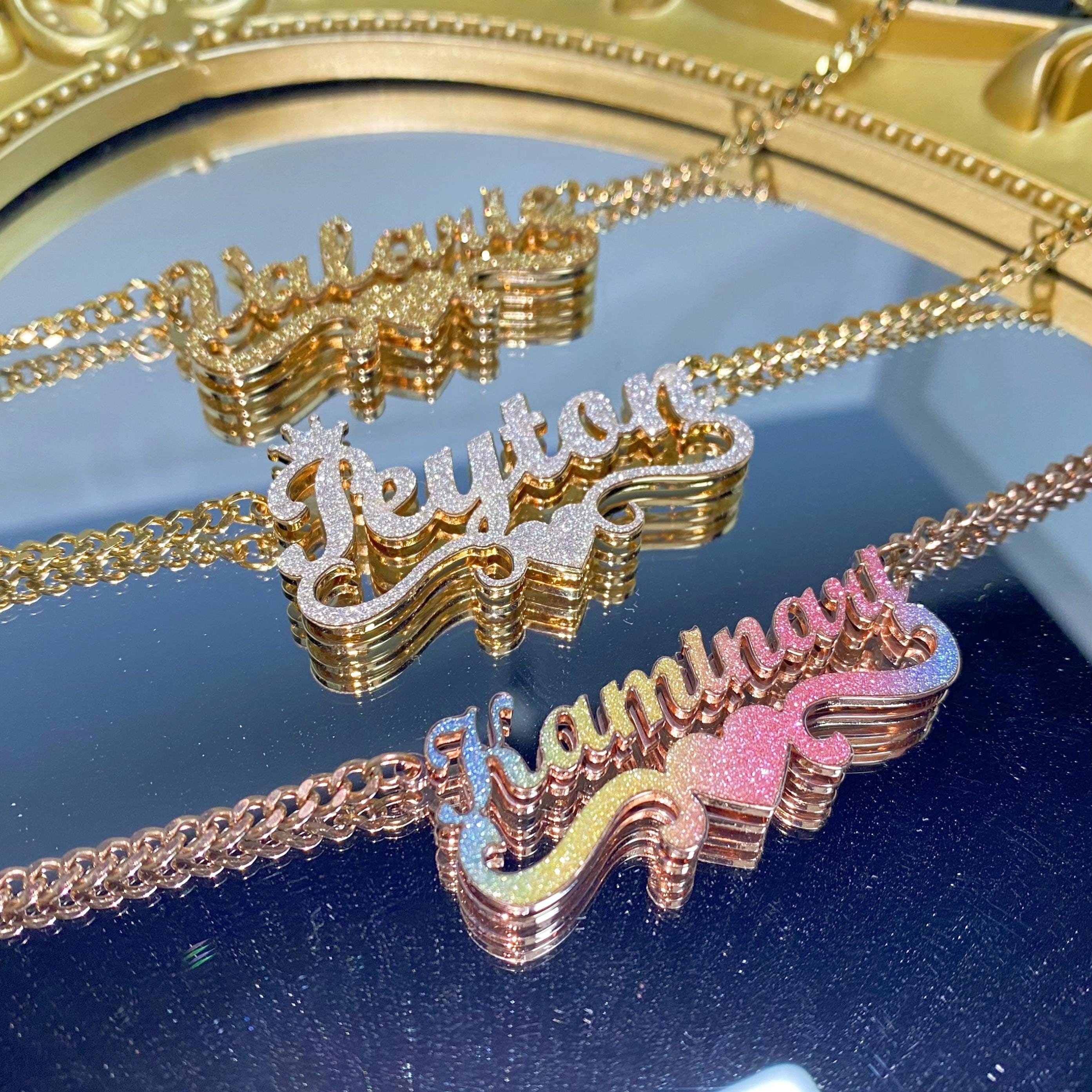 Custom Nameplate Necklace, Personalized Necklace,Name Necklace,Bling Name Necklace,Double Name Necklace,Kids Women Name Jewelry,Gift for Her