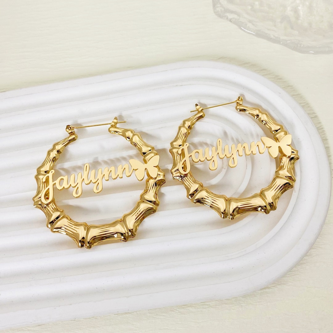 Gold Name Bamboo Hoop Earrings: Personalized Butterfly Earrings