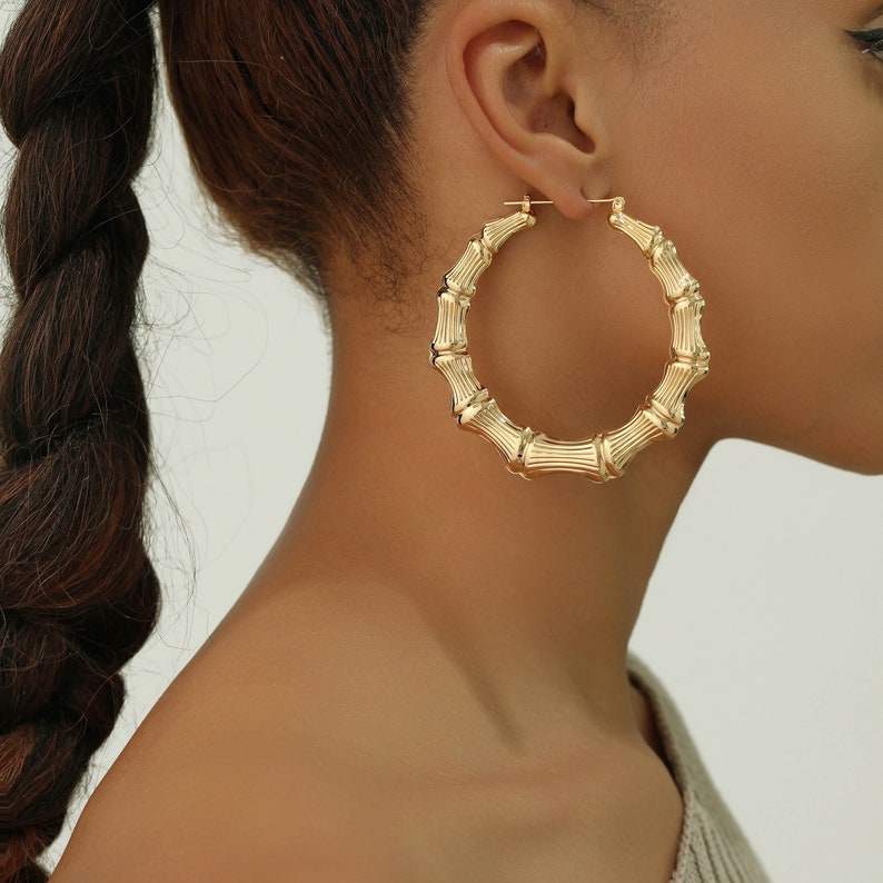 Custom Size Bamboo Hoop Earrings Chunky Hoop earrings 20-100mm Hypoallergenic Hoops for Women Simple Everyday Earrings in PAIRS image 1