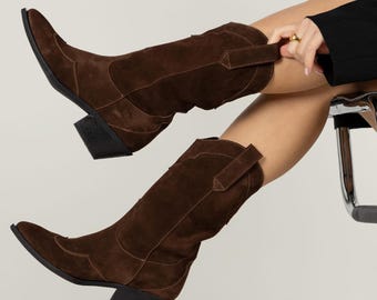 Tacco Spesso 5 Cm Stivali Cowboy Donna Mezzo Polpaccio - Stivali Western Ricamati, Punta Appuntita E Tacco Spesso Scarpe Texane - Foto 8