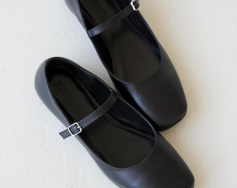 Leather ballet flats Mary Jane,black shoes women,red burgundy flat,square closed toe,low heel,everyday flat,gift for her,handmade shoes