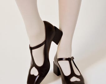 Chocolate Brown Patent Leather T-Strap Shoes,Square Toe Heels,Heart Accent Pumps,Red Mary Janes,Vintage Style Heels,Handmade Romantic Shoe
