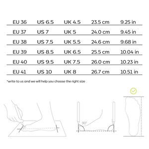 May include: A size chart for shoes showing European, US, and UK sizes, along with corresponding measurements in centimeters and inches. The chart includes sizes from EU 36 to EU 41.
