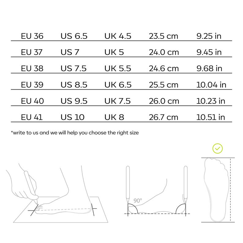 May include: A size chart for shoes showing European, US, and UK sizes, along with corresponding measurements in centimeters and inches. The chart includes sizes from EU 36 to EU 41.
